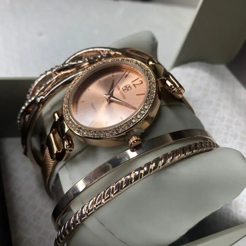 Daisy Fuentes Watch Bracelet Bangle Set Rose Gold Large Face Embellished NWT